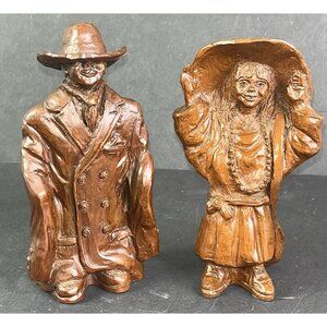 2 Figurine Sculptors Girl Dressed Up like Mom Boy Dad Oversized Clothes Red Mill